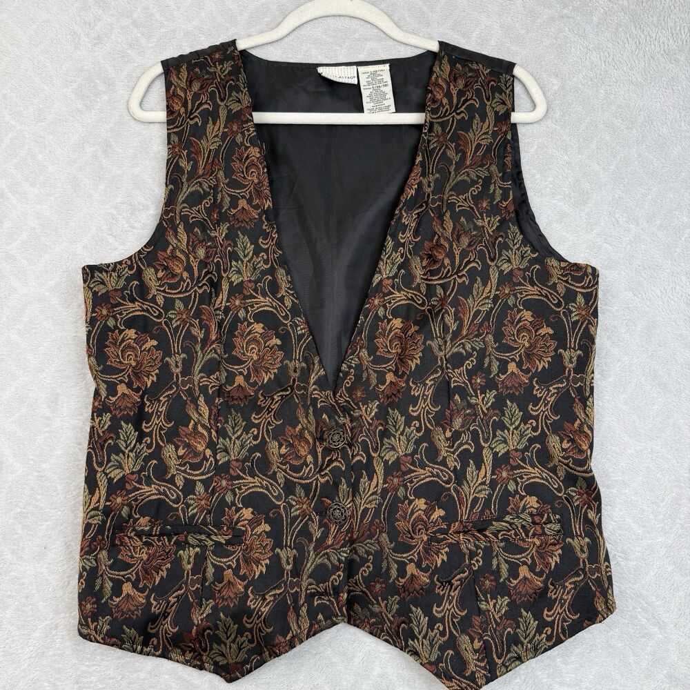 Vtg White Stag Tapestry Vest Womens L Dark Florals Cottagecore Grandma 80s 90s